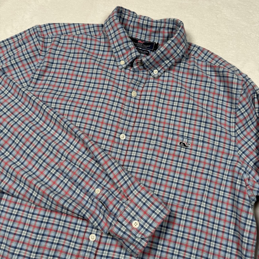 Vineyard Vines Flannel Shirt Mens Large Blue Plaid Tucker Slim Fit Button Down